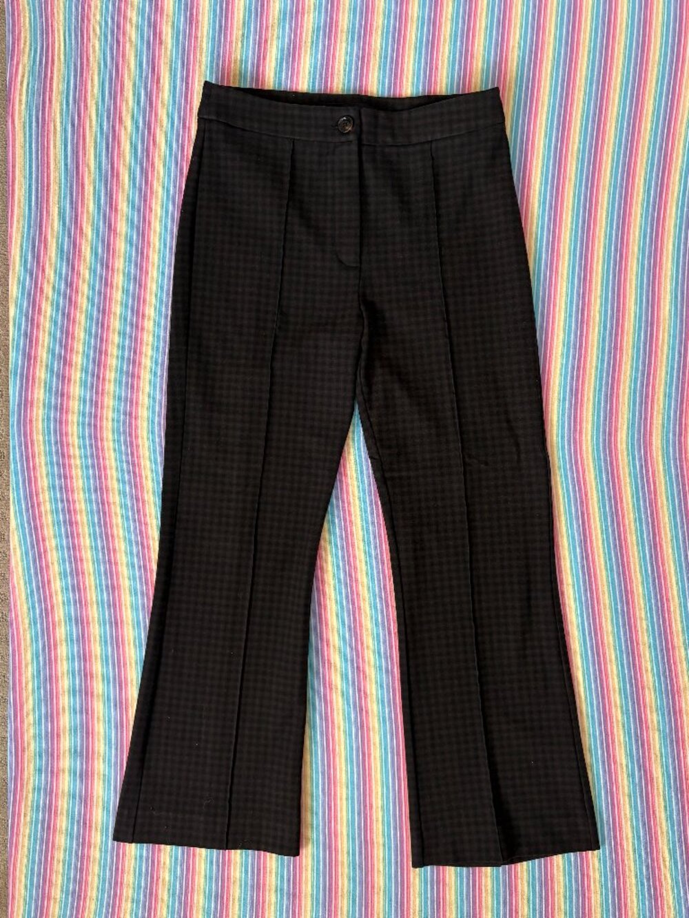 Mango MNG Brown and Black Micro Gingham Plaid Pintuck Flare Pants Size 6